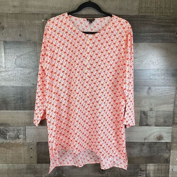 Ann Taylor Women’s Size Medium High Low Blouse Pink Flamingo Print Long Sleeve - Picture 1 of 5